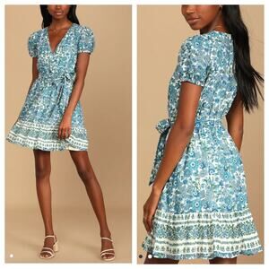 Lulus Blue Floral Print Puff Sleeve Mini Dress